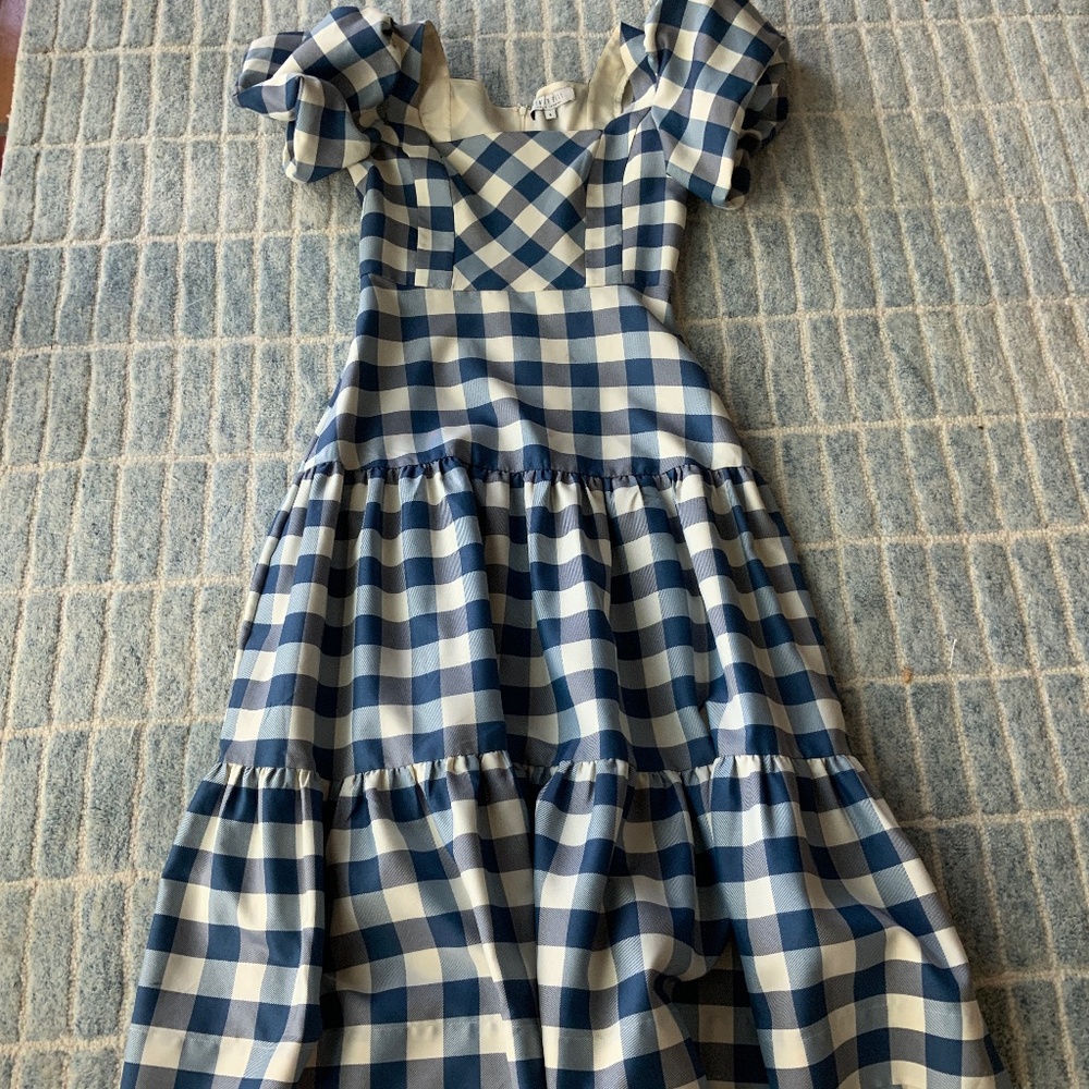 HUNTER BELL BLUE white BUFFALO CHECK MID DRESS, PRELOVED LIKE new  6